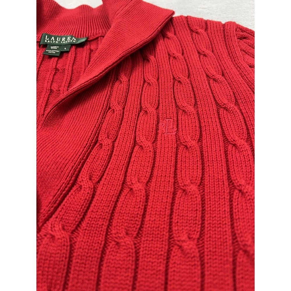 Ralph Lauren Cable Knit Sweater Womens Large Red Shawl Collar V-Neck Pullover - Picture 5 of 8